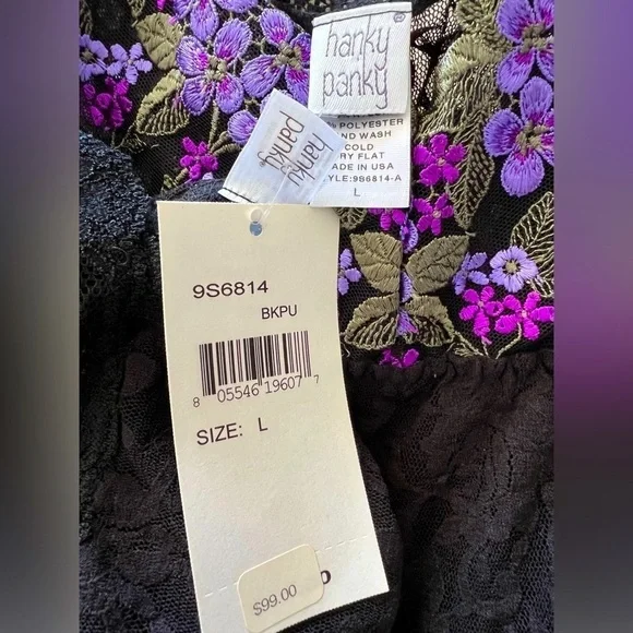 NEW Hanky Panky Babydoll & Thong Set, Black/Lavender Floral Embroidery, Size L - Picture 8 of 10
